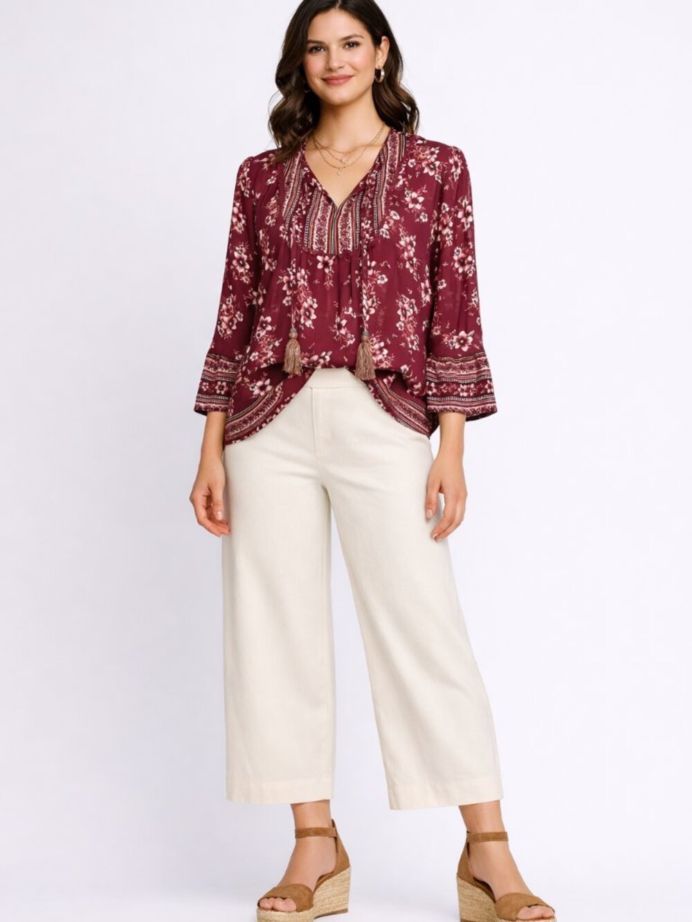 Artesian Boho Floral Print Long Sleeve Blouse Top on Burgundy Background Size M